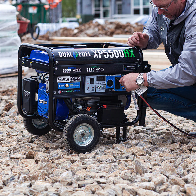 Quality Duromax XP5500HX generator being used at a construction site, illustrating its ruggedness and reliability.