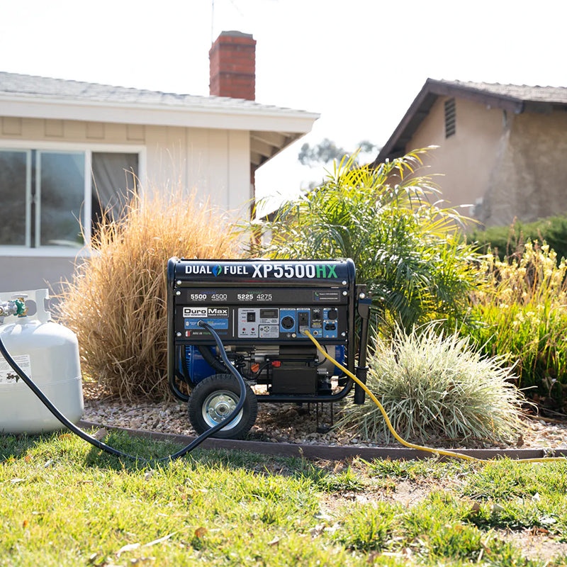 Duromax XP5500HX quality generator in a home garden, depicting a reliable power solution for household needs.