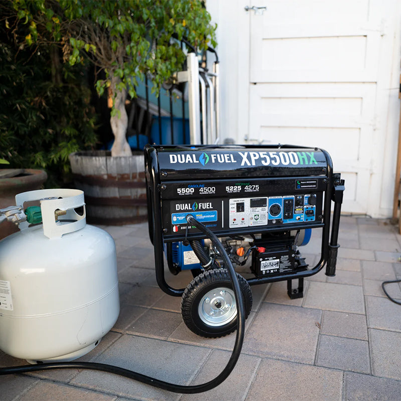 Duromax XP5500HX generator set up outside a home, a reliable portable power source for domestic use.