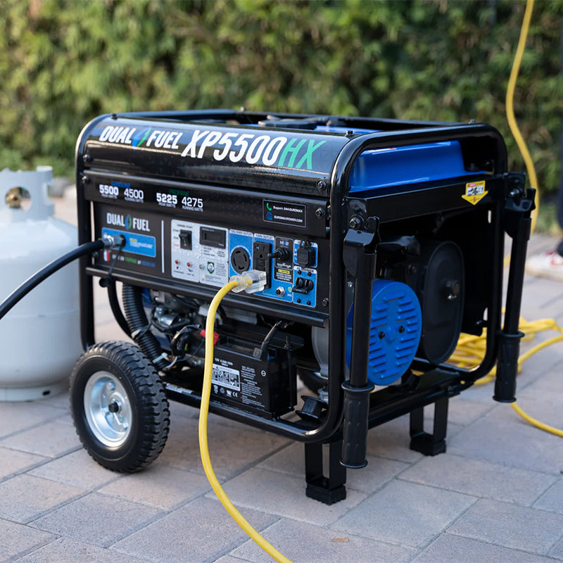 Duromax XP5500HX quality generator connected and operational, demonstrating portable energy solutions.