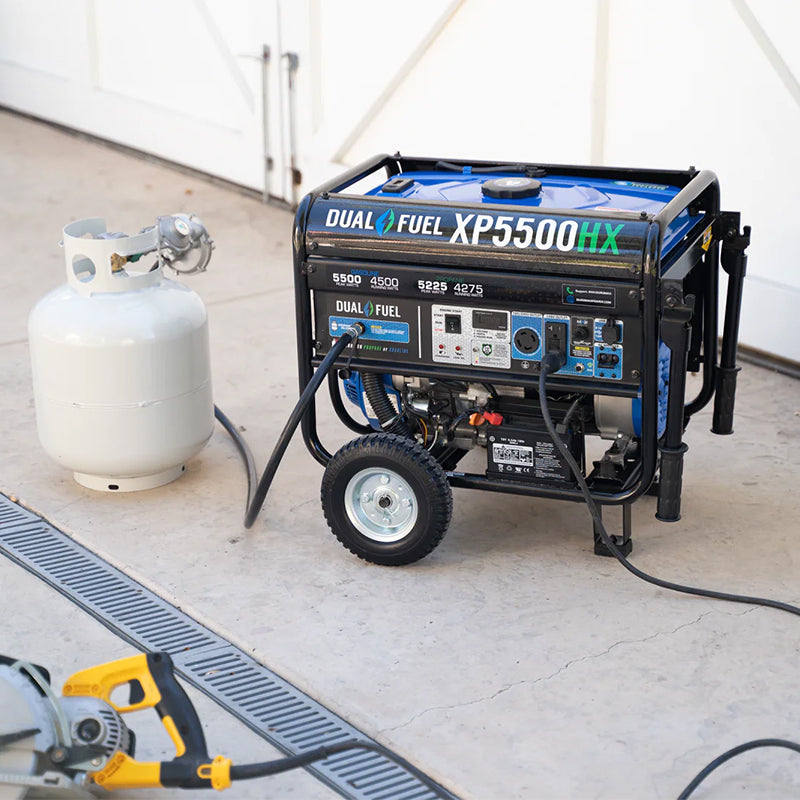 Duromax XP5500HX portable generator ready for use with power tools, showing its application in home renovation.