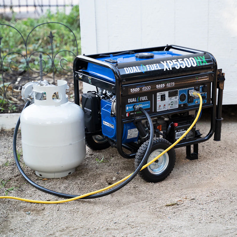 Duromax XP5500HX quality generator paired with a propane tank outside a residence, offering an efficient energy solution.