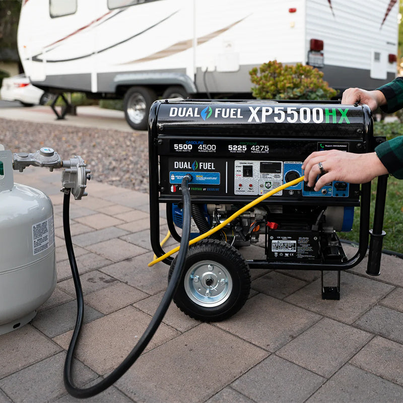 Duromax XP5500HX portable generator in a residential driveway, ready to provide power for recreational vehicles.