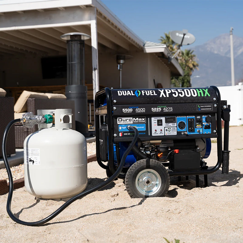 Duromax XP5500HX quality generator with a propane tank, set up in a construction environment for high-demand power needs.