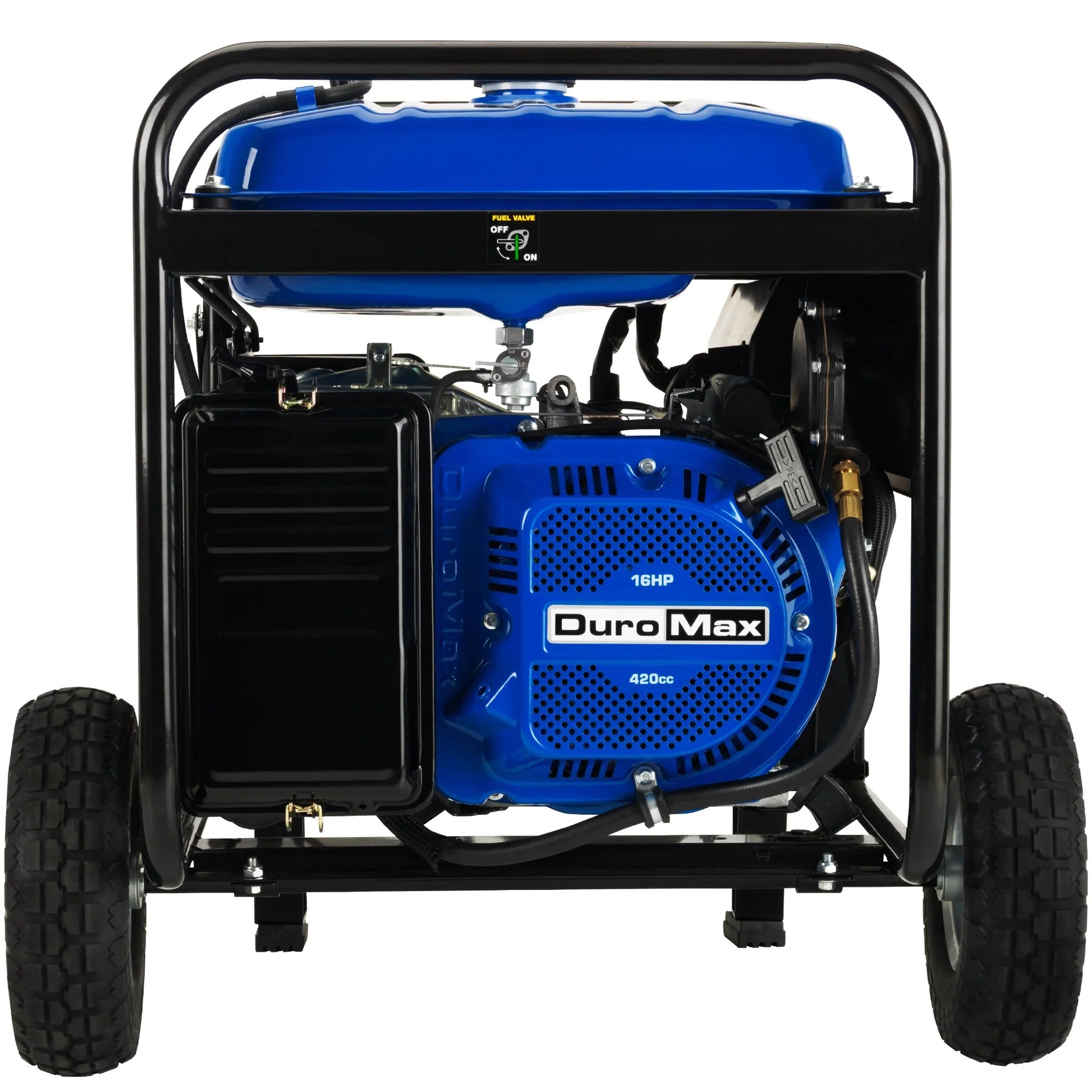 Front view of DuroMax XP8500EH portable generator with sturdy wheel and frame design for reliable power.