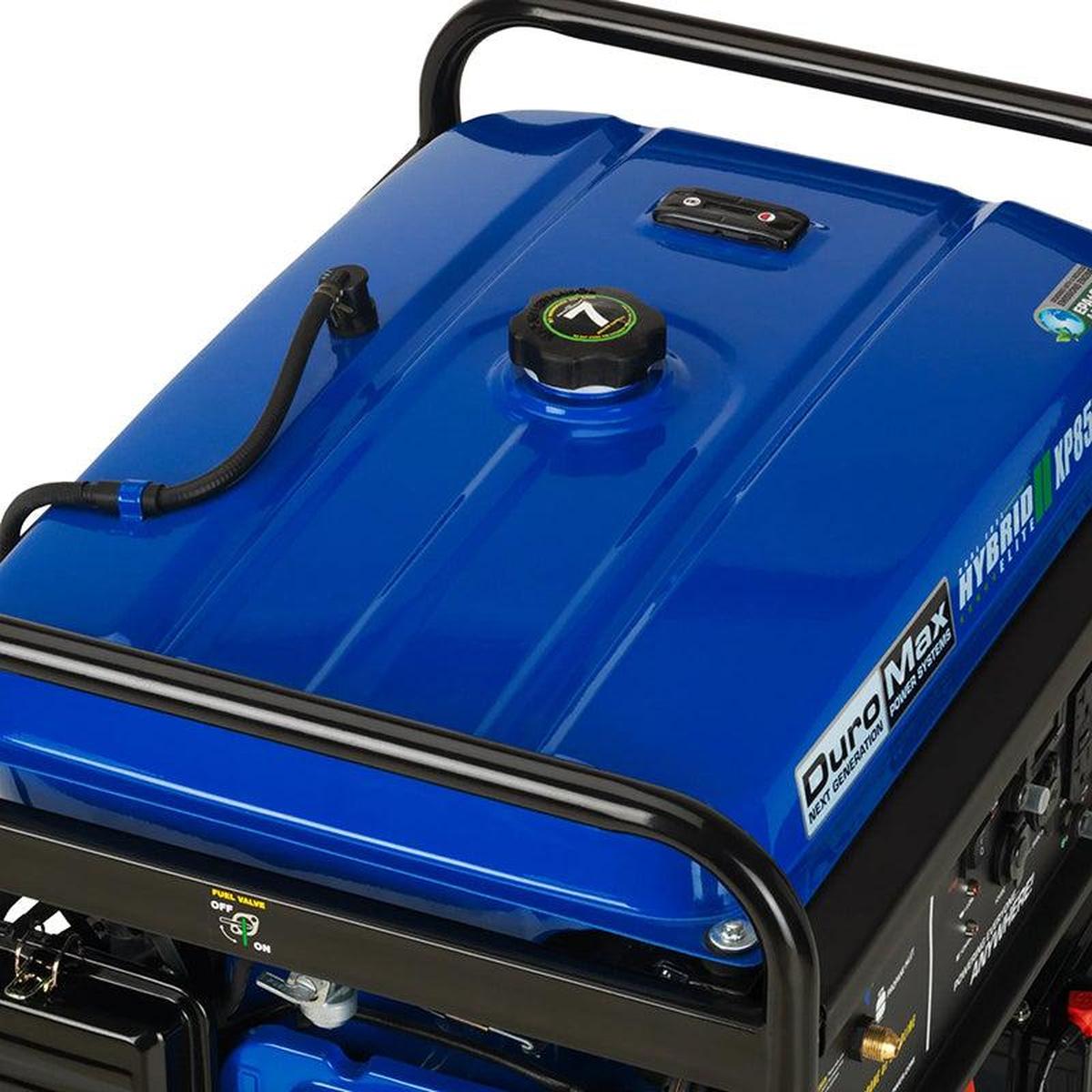 Top view of a DuroMax XP8500EH portable generator with a fuel cap on a blue tank, highlighting quality construction.