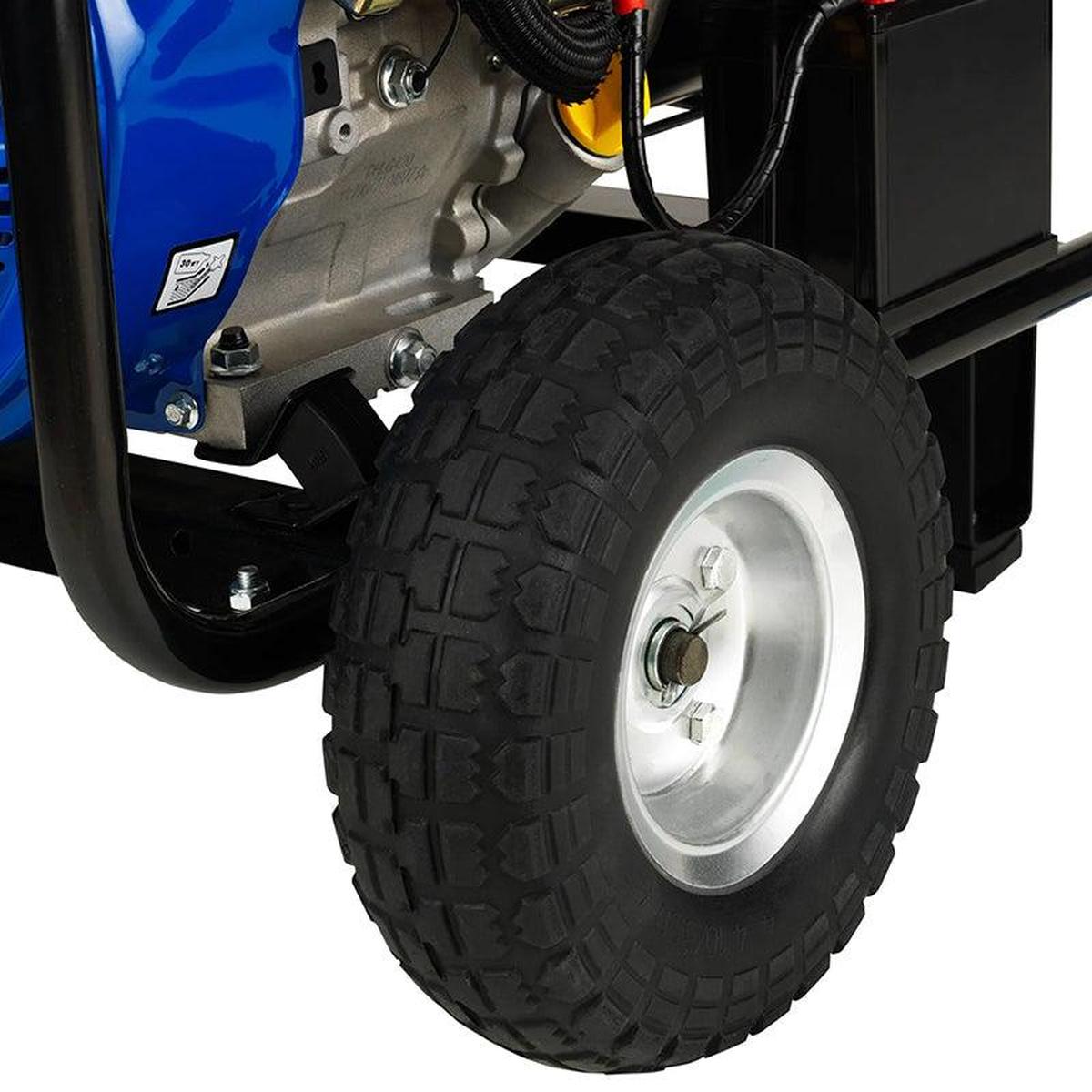 Detailed view of the wheel of a DuroMax XP8500EH portable generator, emphasizing mobility and quality.