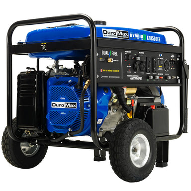 DuroMax XP8500EH Dual Fuel Portable Generator on a black frame with blue tank and wheels, showcasing quality generator design.