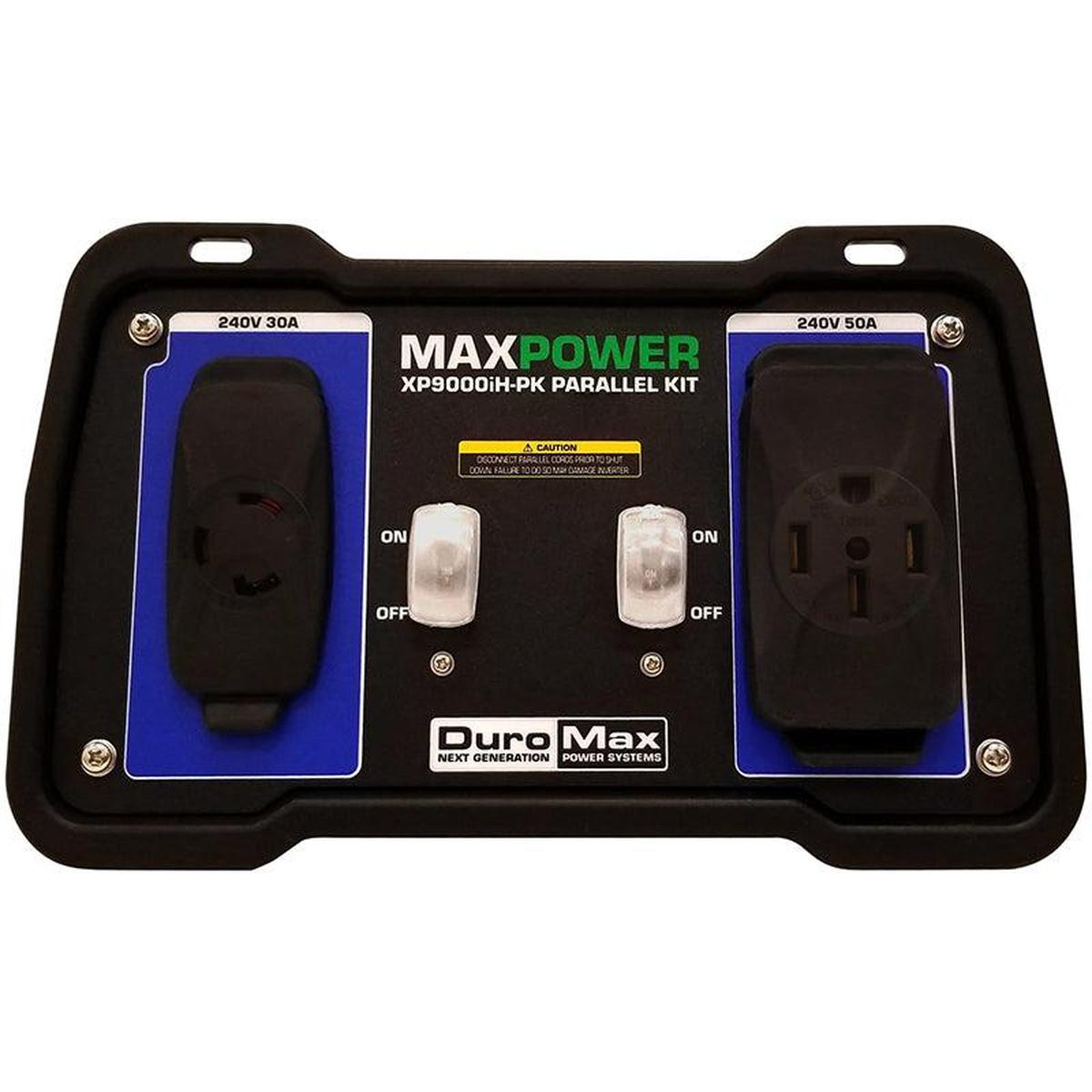 DuroMax MAXPOWER XP9000iH-PK Parallel Kit with 240V 30A and 50A outlets for quality generator power enhancement.