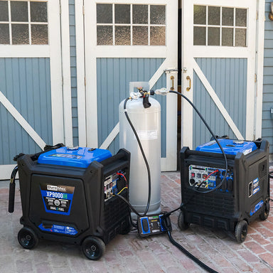 DuroMax parallel kit linking two generators in a residential garage, exemplifying a robust home power backup solution.