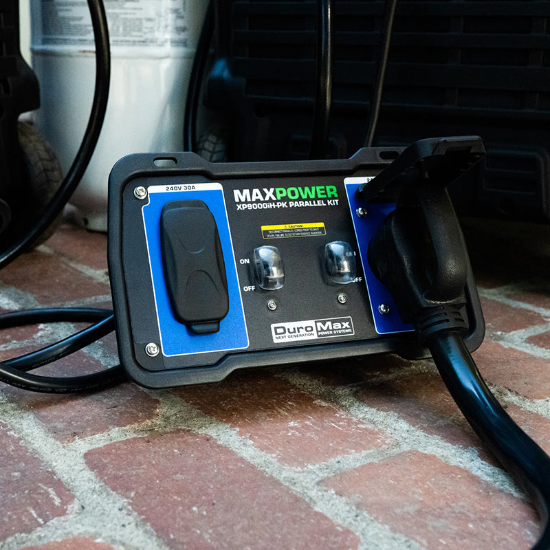 DuroMax parallel kit securely connected to an inverter generator, providing efficient power distribution for multiple uses.