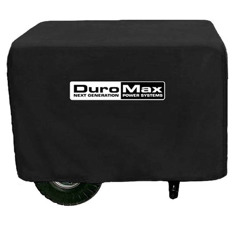 DuroMax portable generator equipped with a large, weather-resistant cover, ready for outdoor storage and transfer switch connectivity.