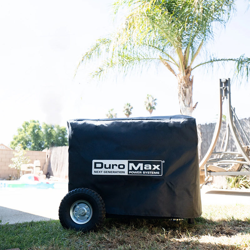 DuroMax quality generator cover, showcasing durability and reliability for portable generators, displayed on a lawn.