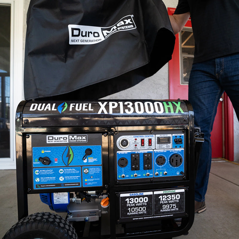 Portable generator protection with a high-quality DuroMax cover, highlighting the reliance on sturdy accessories.