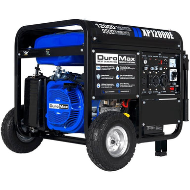 A well lit picture of a blue 12,000 watt portable generator