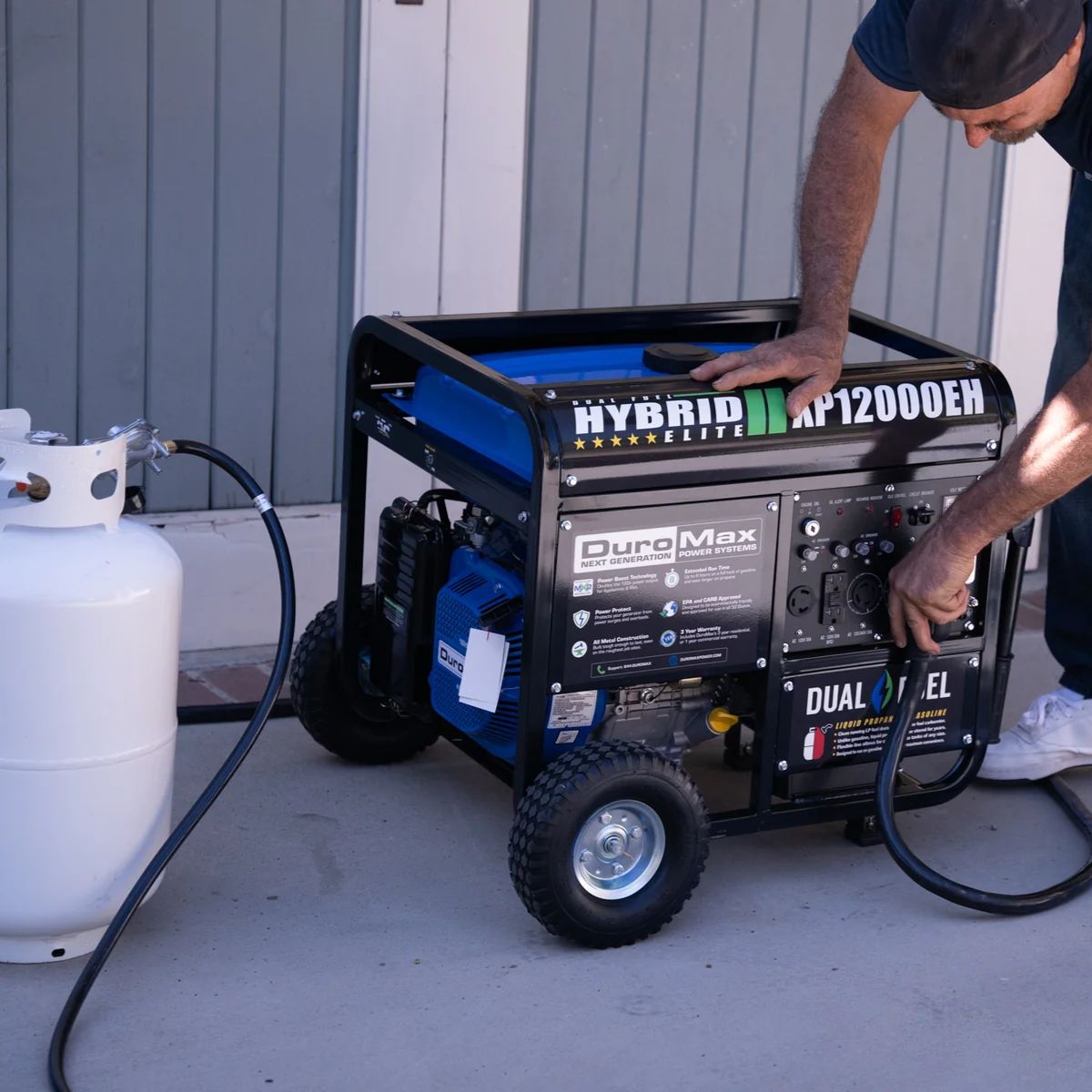 An owner of a DuroMax XP12000EH reviewing his propane setup