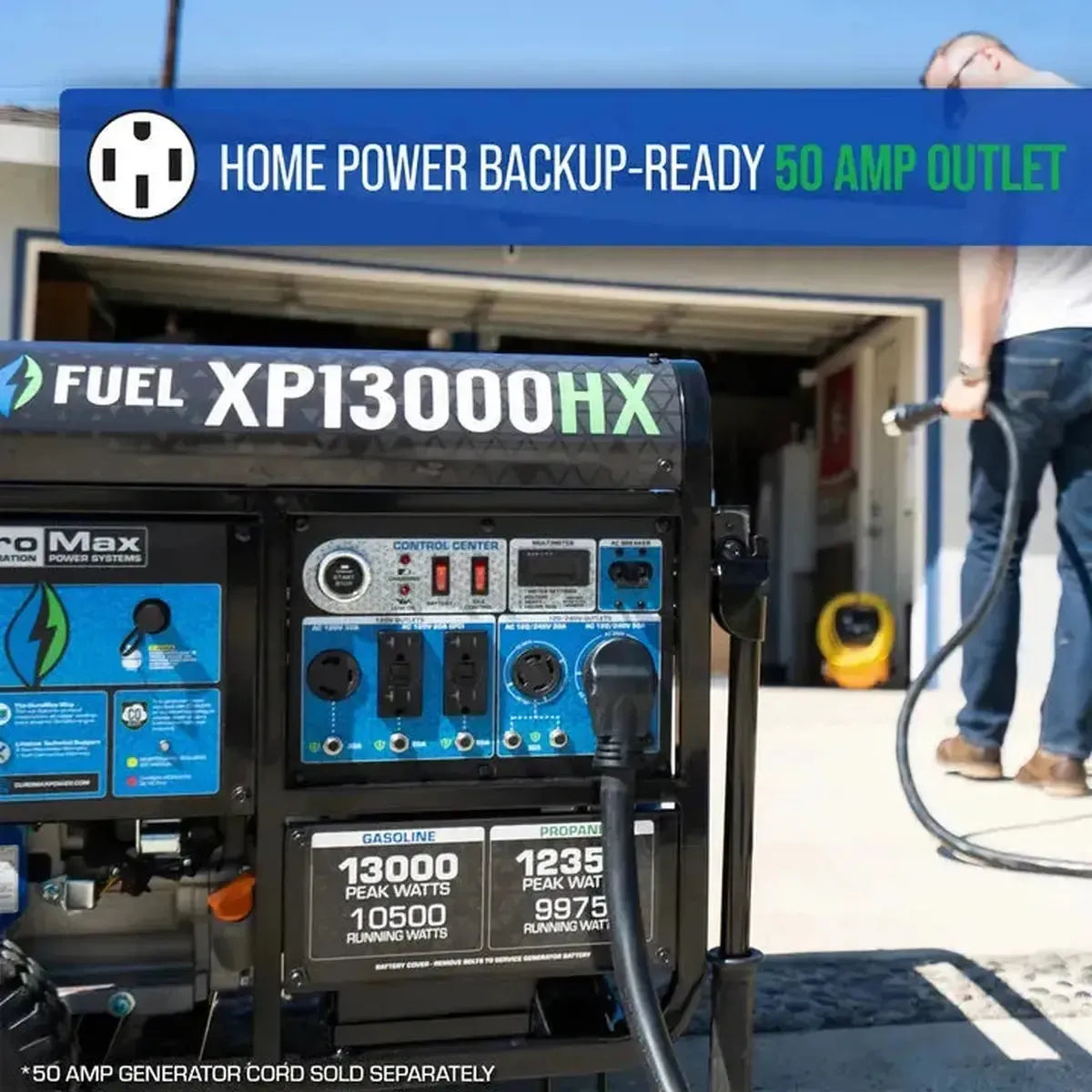 DuroMax XP13000HX displaying its 50amp outlet feature