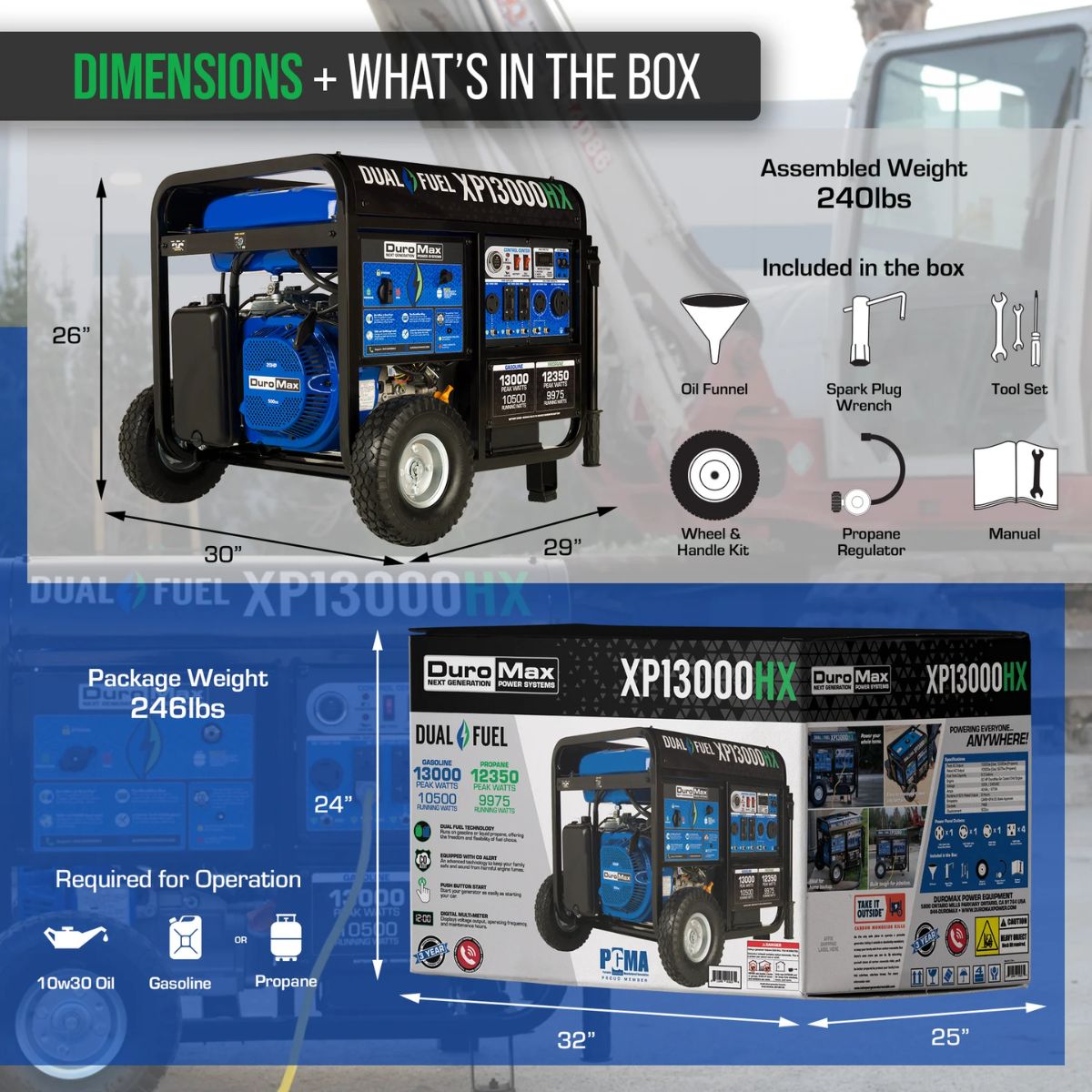 DuroMax XP13000HX dimensions and inclusions