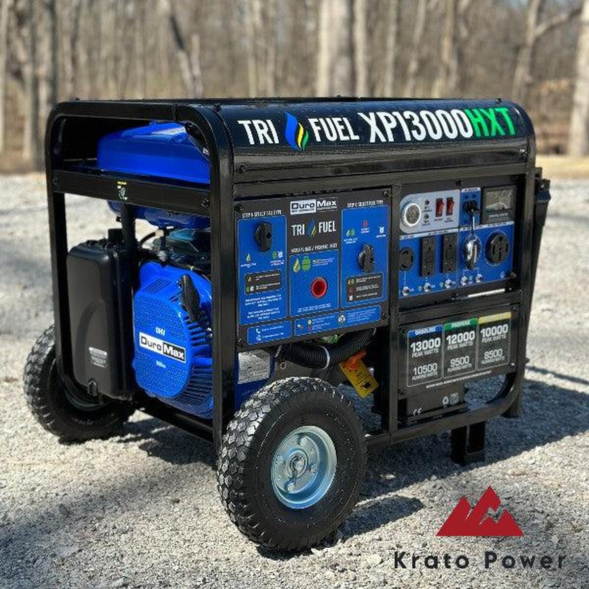 The DuroMax XP13000HXT Tri Fuel Generator assembled with a side view on a gravel driveway