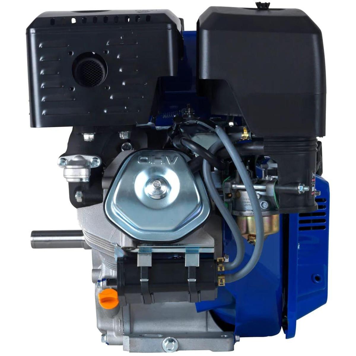A right side view of the DuroMax XP16HPE small engine featuring the 1 inch shaft and exhaust system