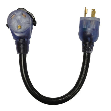 DuroMax XP3130RV Adapter on its translucent blue and black color scheme featuring its 3 prongplug and its 30amp female outlet