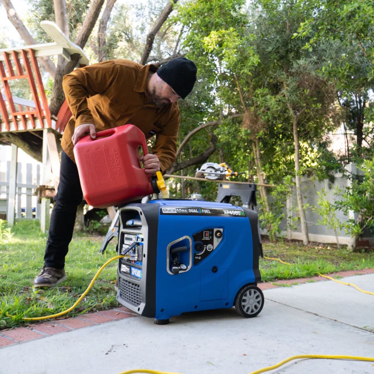 Refueling process of DuraMax XP4500iH at the backyard