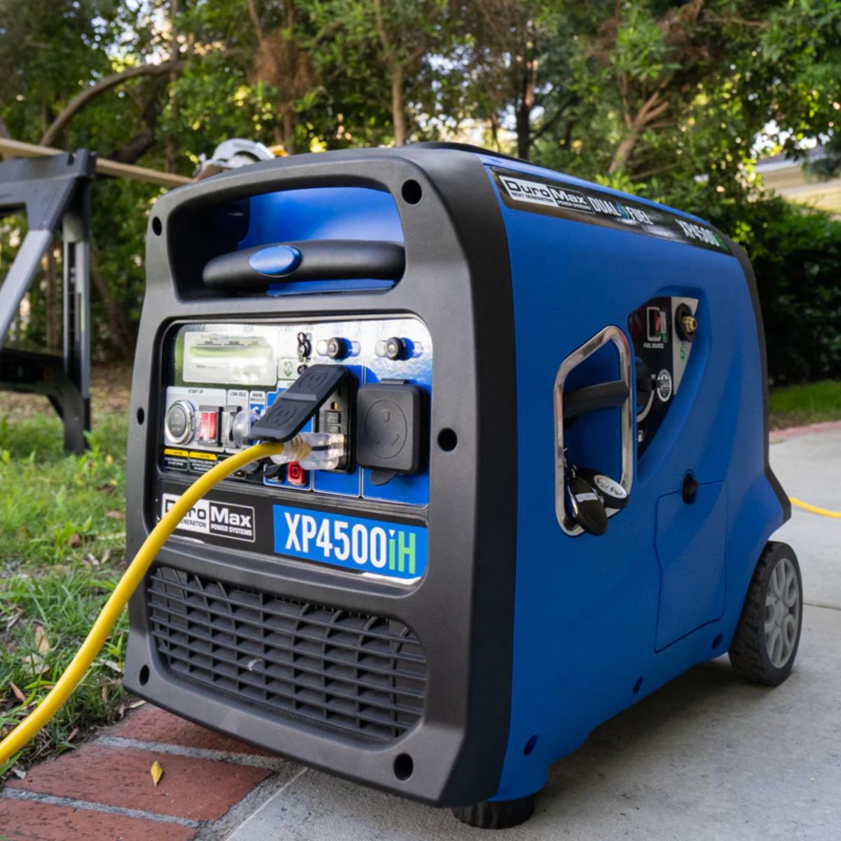 DuraMax XP4500iH at the backyard displaying it black and blue color scheme