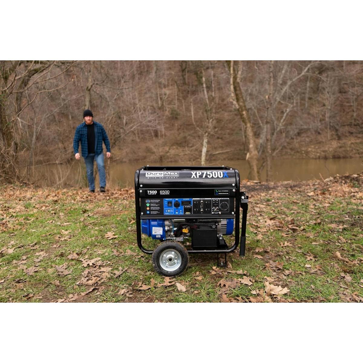 Duromax XP7500X outside with its owner displaying portability