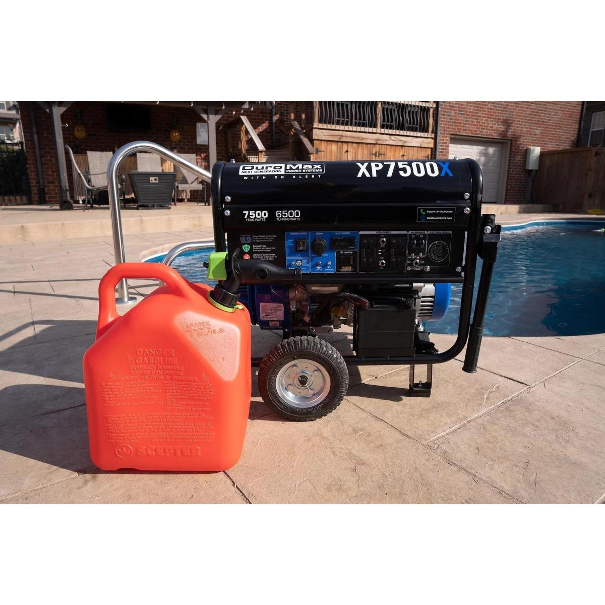 DuroMax XP7500X at the poolside with its reserve gasoline fuel at the side
