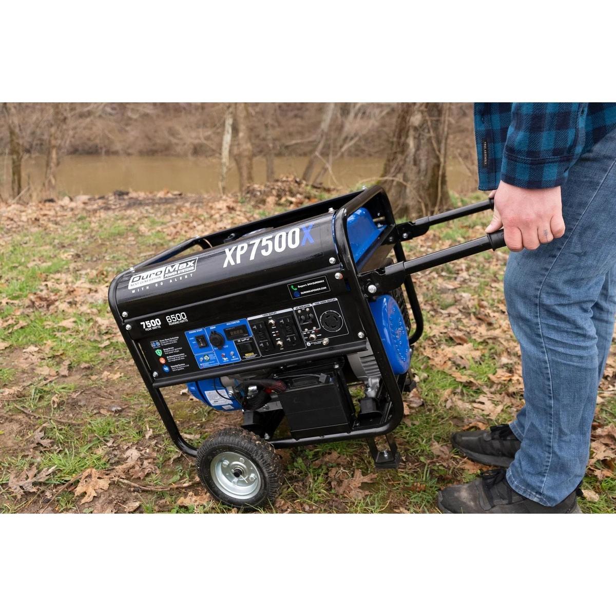 A person pushing a Duromax XP7500X portable generator, showcasing its user-friendly portability.