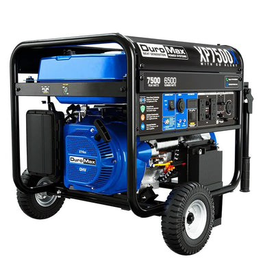 DuroMax XP7500X displaying its black and blue color scheme and a massive OHV power engine