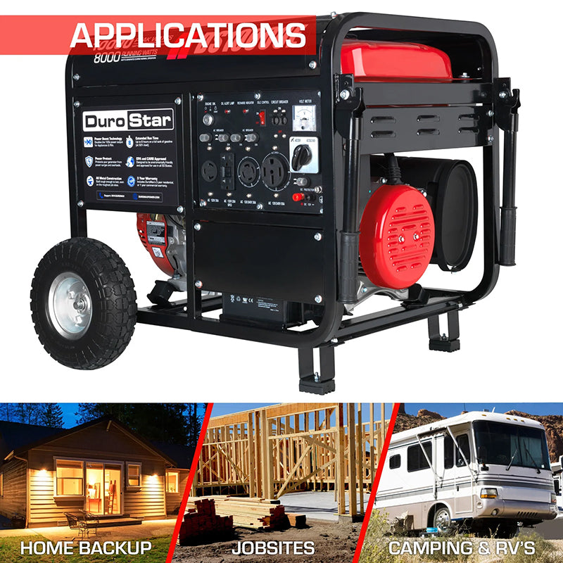 DuroStar DS10000E generator in use, demonstrating its applications as a home backup power source, on job sites, and for camping and RVs.