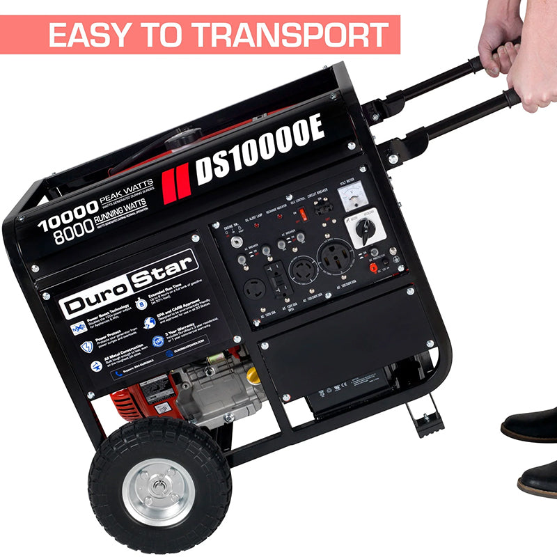 DuroStar DS10000E generator with an extendable handle, underscoring its portability and ease of transport for various outdoor and backup uses.