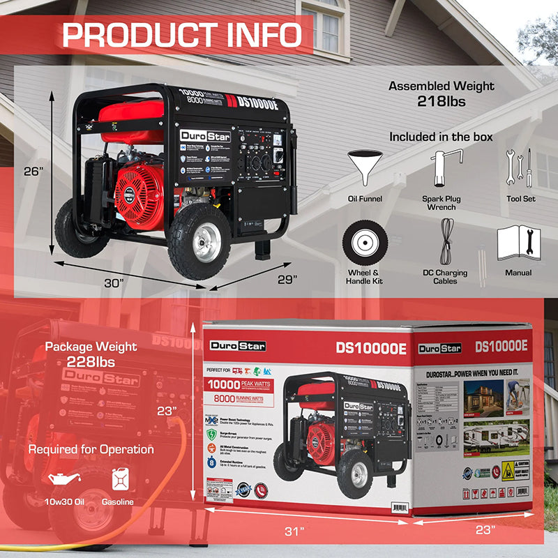 Packaging and product info for the DuroStar DS10000E quality generator, including dimensions, weight, and accessories for immediate operation.