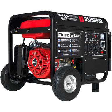 High-quality DuroStar DS10000E portable generator with robust tires and sturdy frame, showcasing durability and power for reliable energy supply.
