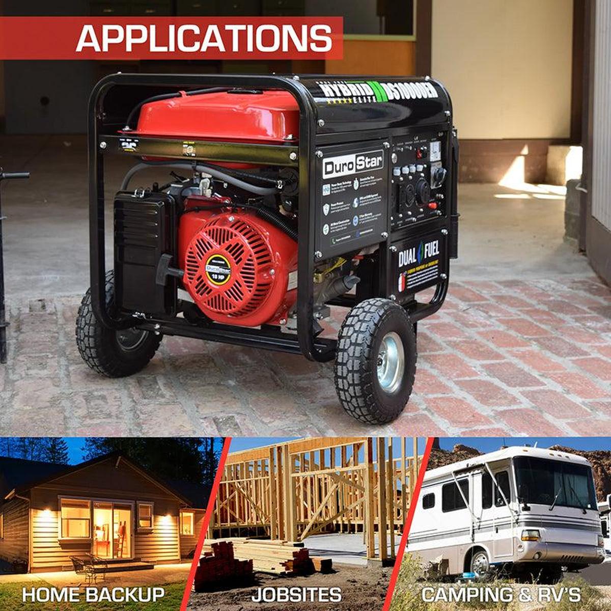 DuroMax DS10000EH quality generator used in various applications such as home backup, job sites, and for camping and RVs, showcasing versatility.