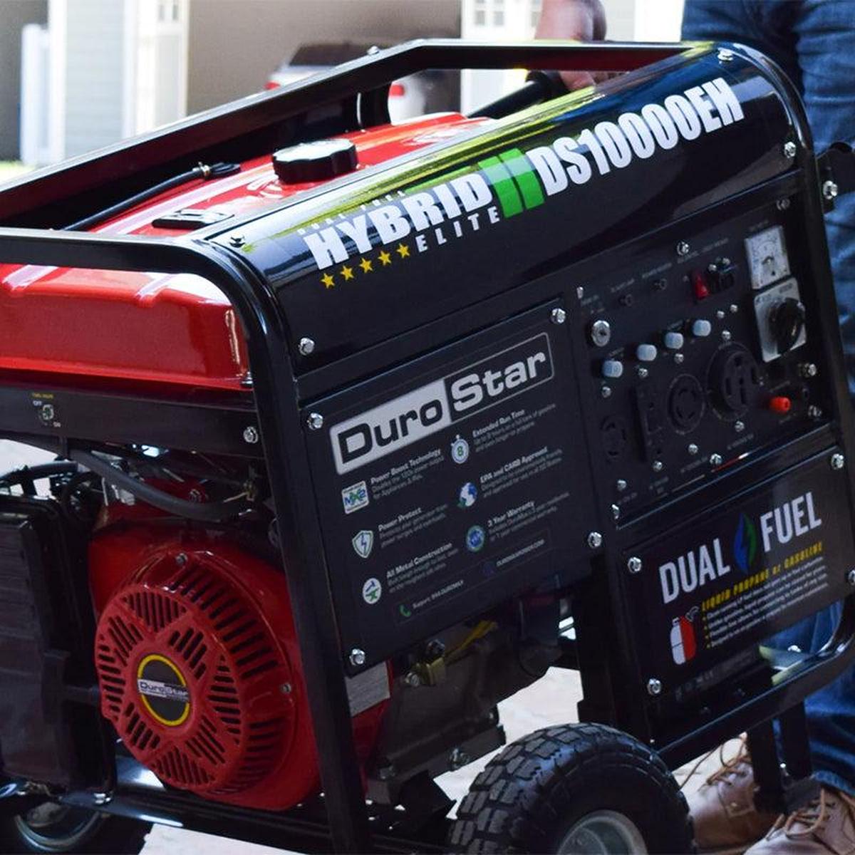 Frontal view of the DuroStar DS10000EH portable generator showcasing its red and black design and hybrid elite branding.