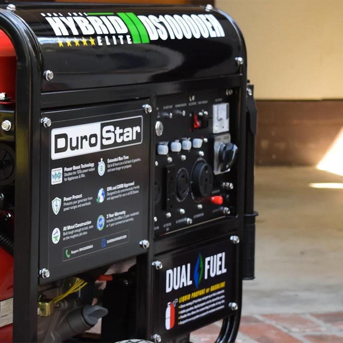 DuroStar DS10000EH dual fuel portable generator with a detailed view of the control panel, emphasizing its quality generator status with hybrid elite features.