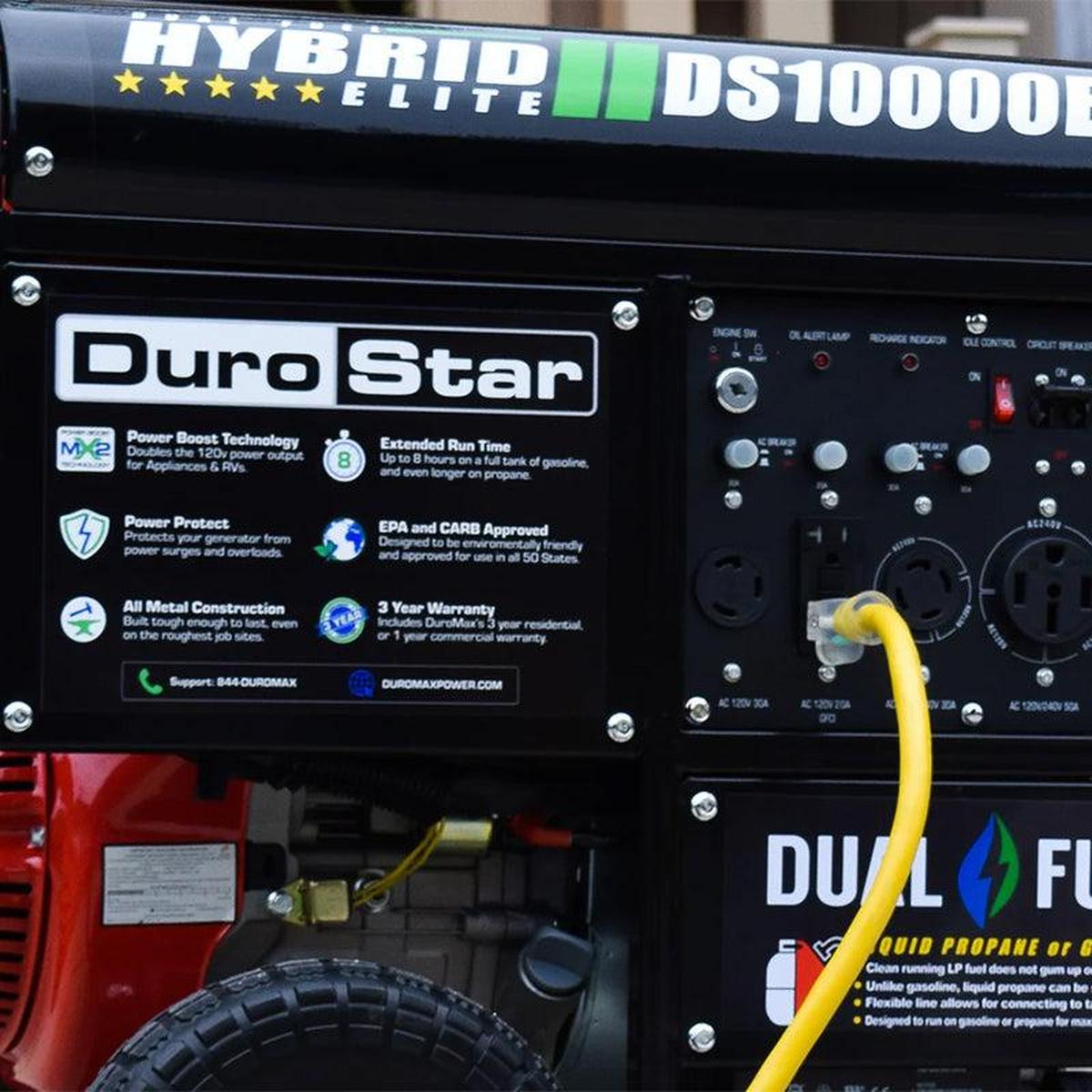 The DuroStar DS10000EH generator in a garden setting, emphasizing the convenience of dual fuel options for homeowners.