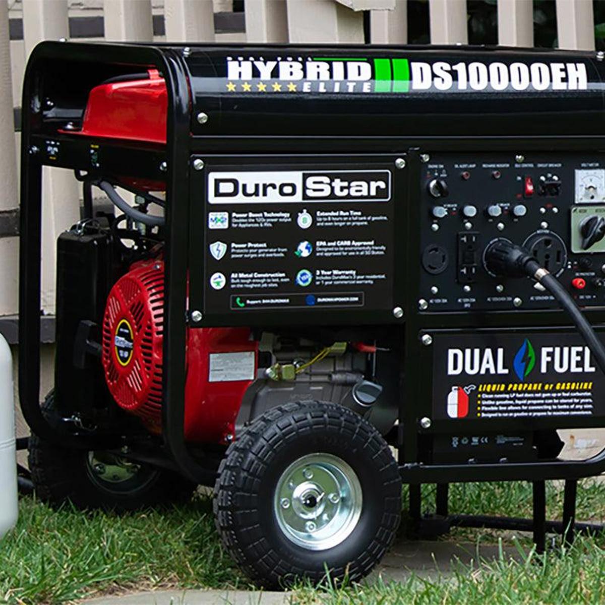 DuroStar DS10000EH dual fuel generator, featuring sturdy wheels and compact design, perfect for portable power needs in various locations.