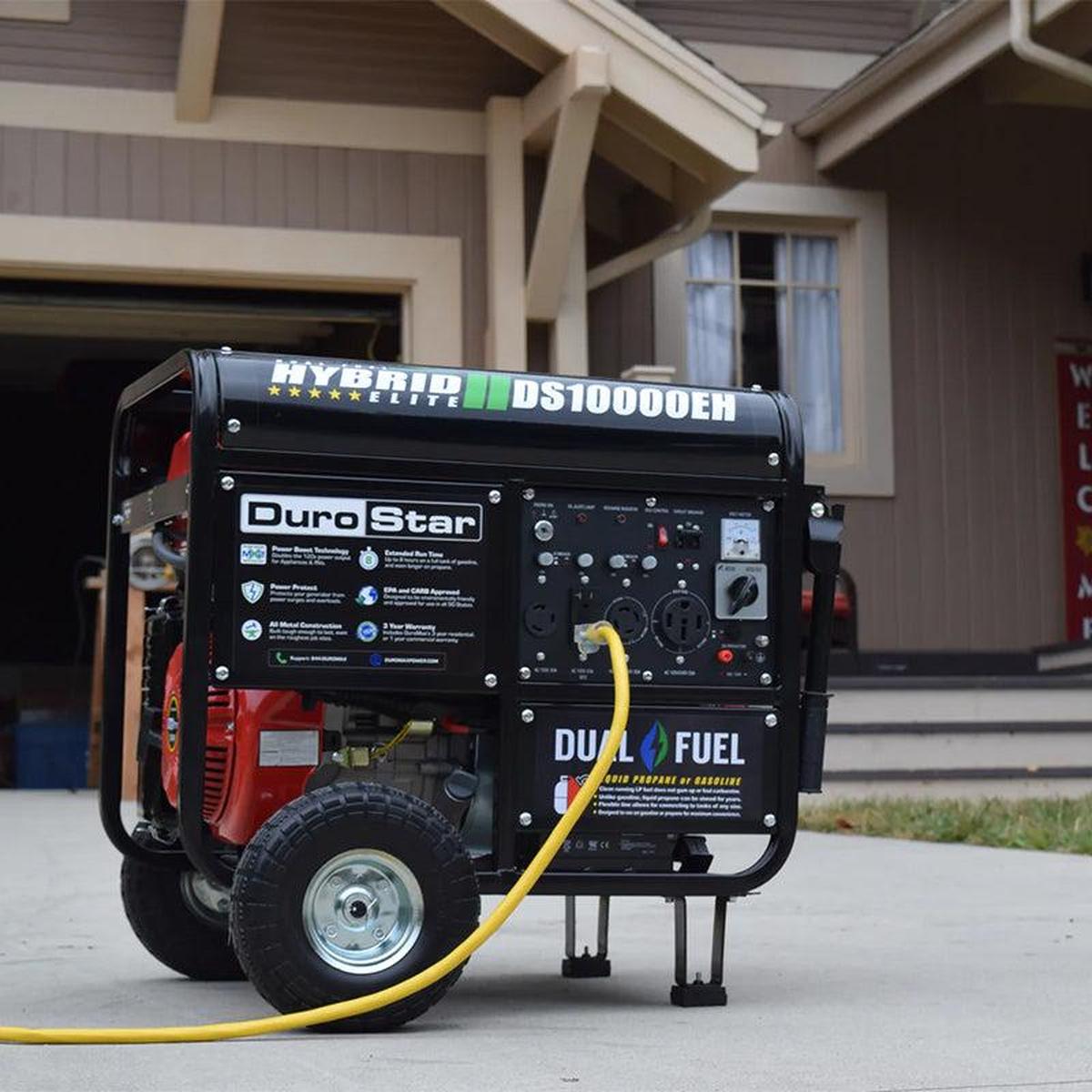 Operational setup of the DuroStar DS10000EH generator outside a home, connected to a propane tank, highlighting its dual fuel advantage.
