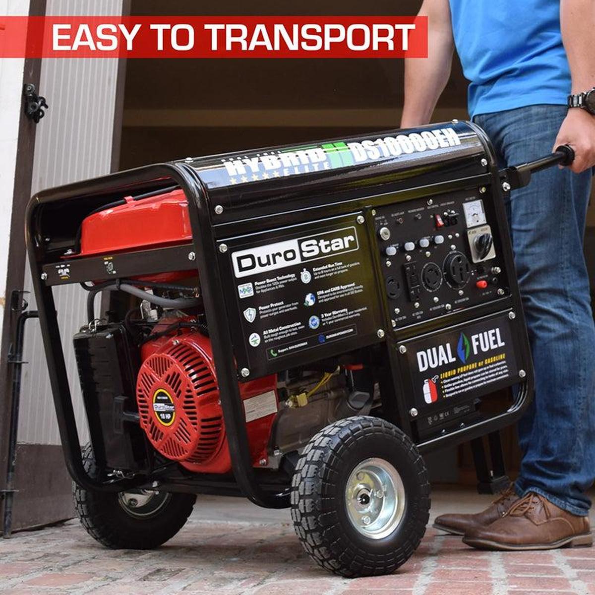 Easy-to-transport DuroMax DS10000EH portable generator with an extended handle for maneuverability, suitable for various settings.