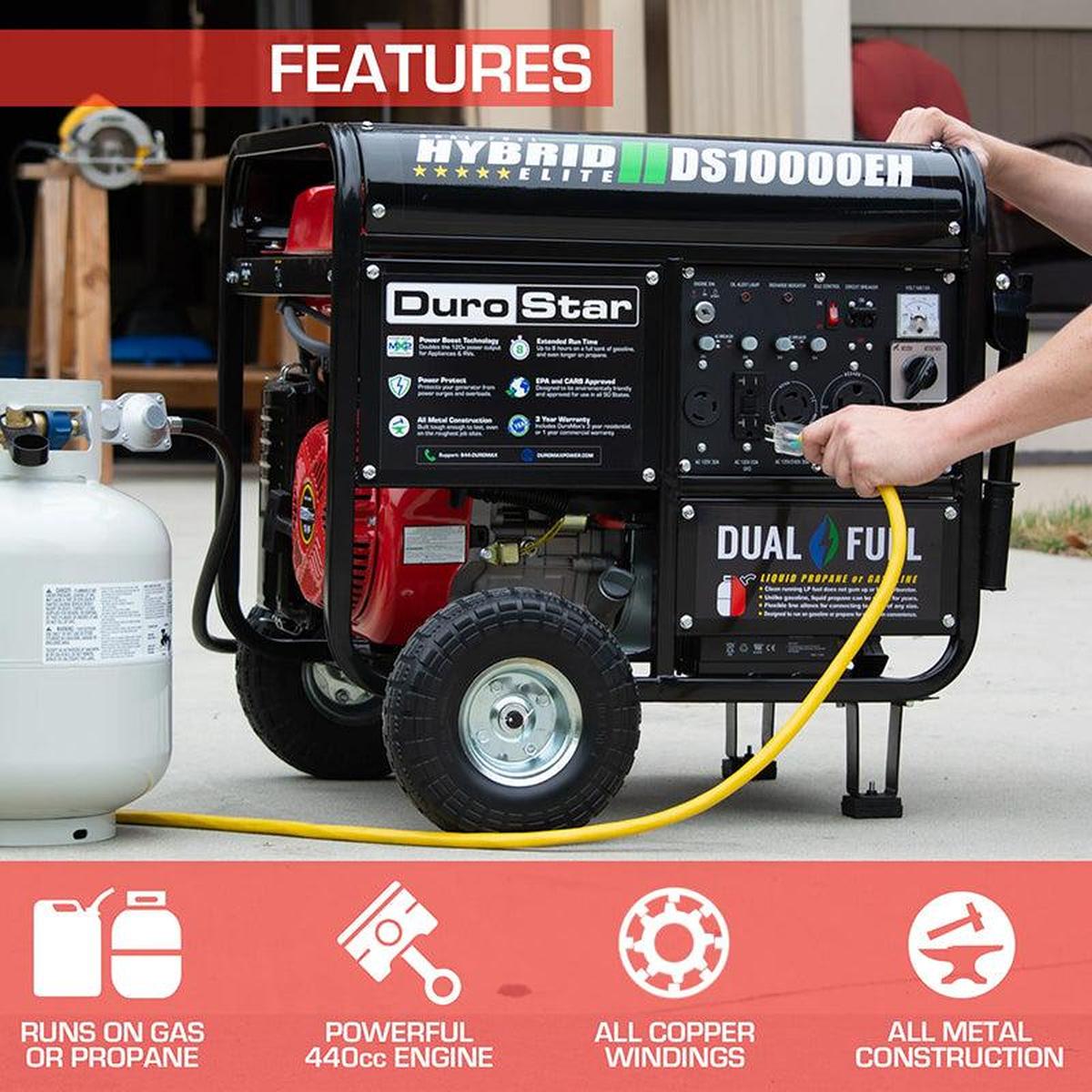 Portable DuroMax DS10000EH generator with dual fuel capability, demonstrating connection to a propane tank with a 440cc engine.