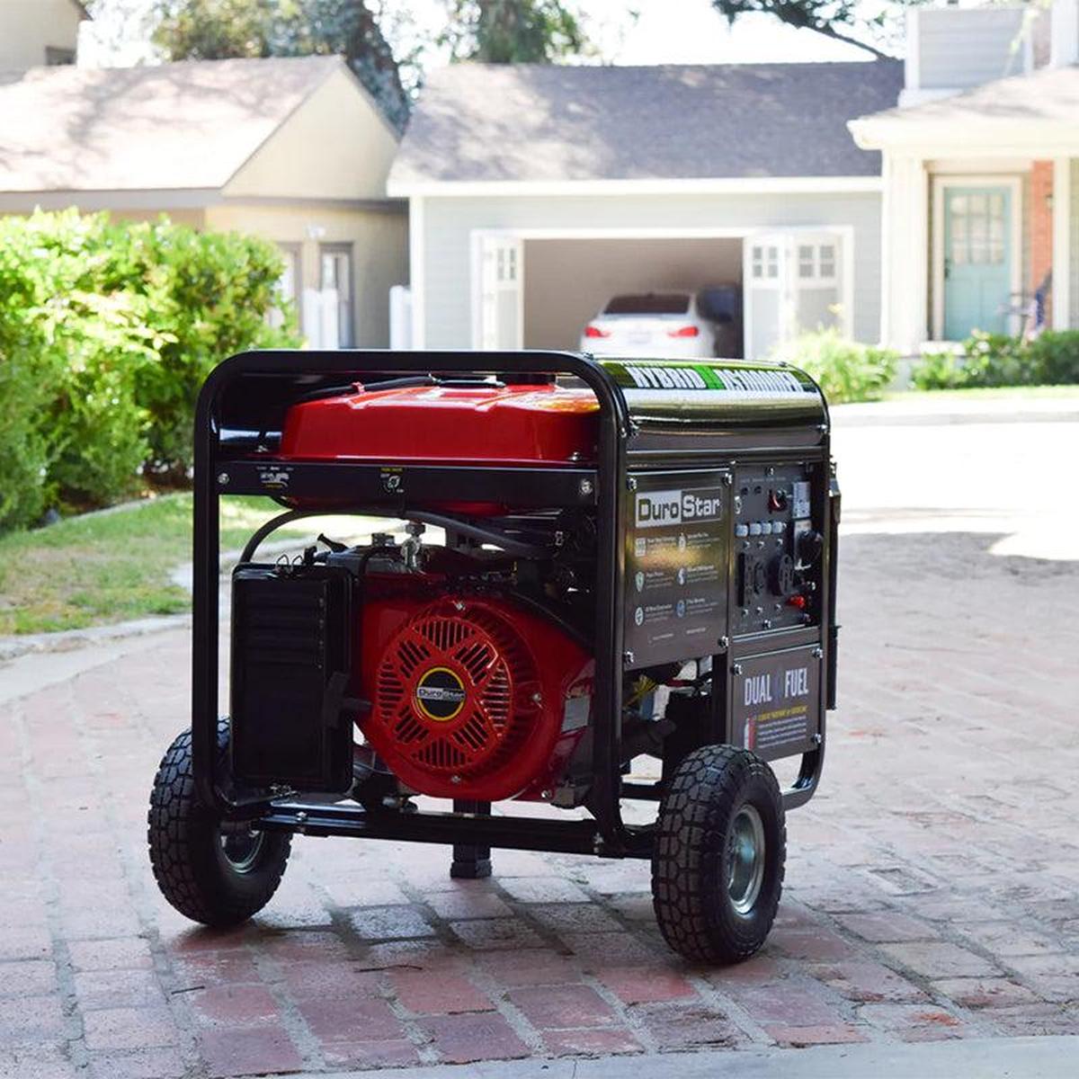A side view of the DuroStar DS10000EH portable generator highlighting its sturdy construction and wheel system, ready for any location.