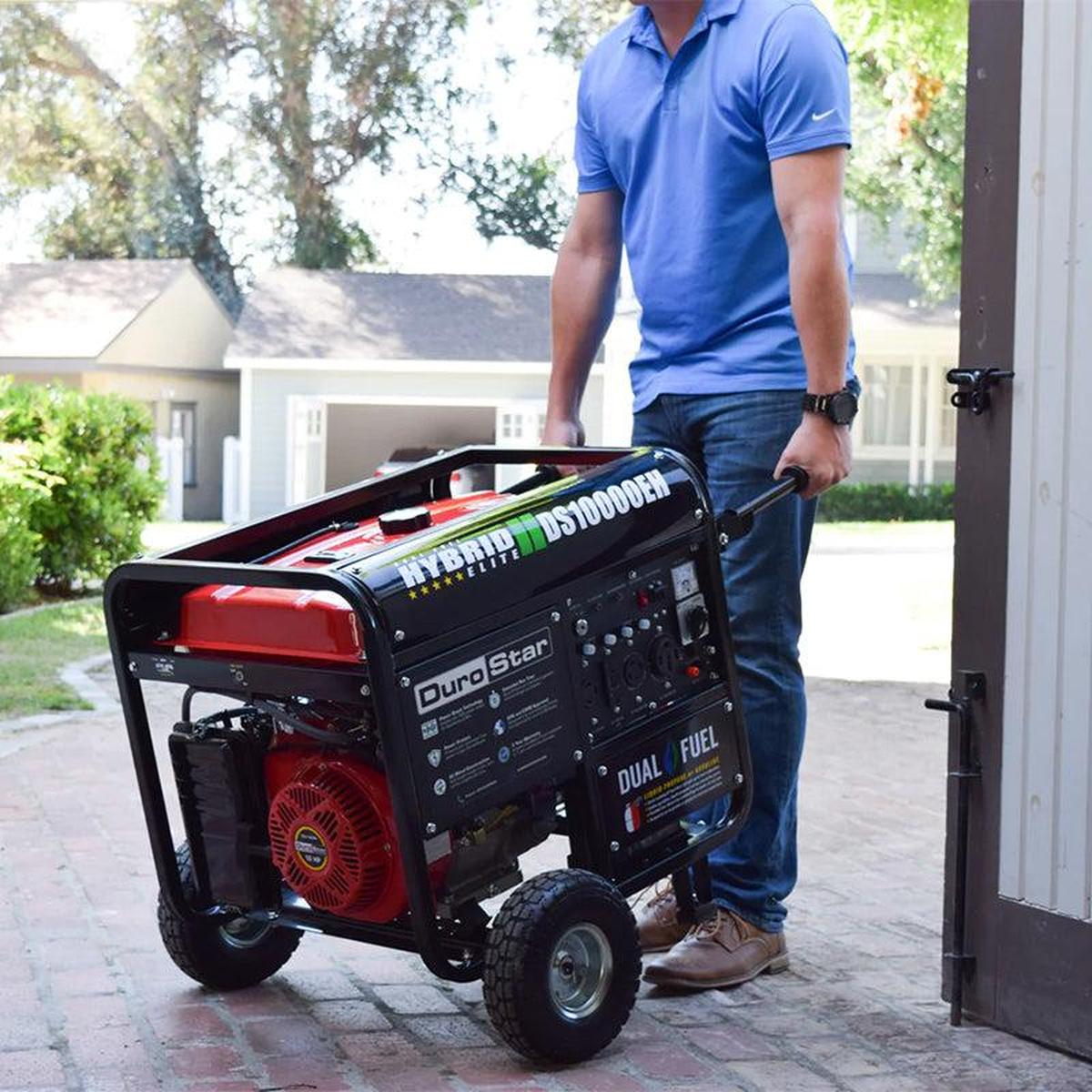 Patriotic display of the DuroStar DS10000EH generator beside an American flag, emphasizing its utility for homeowners.
