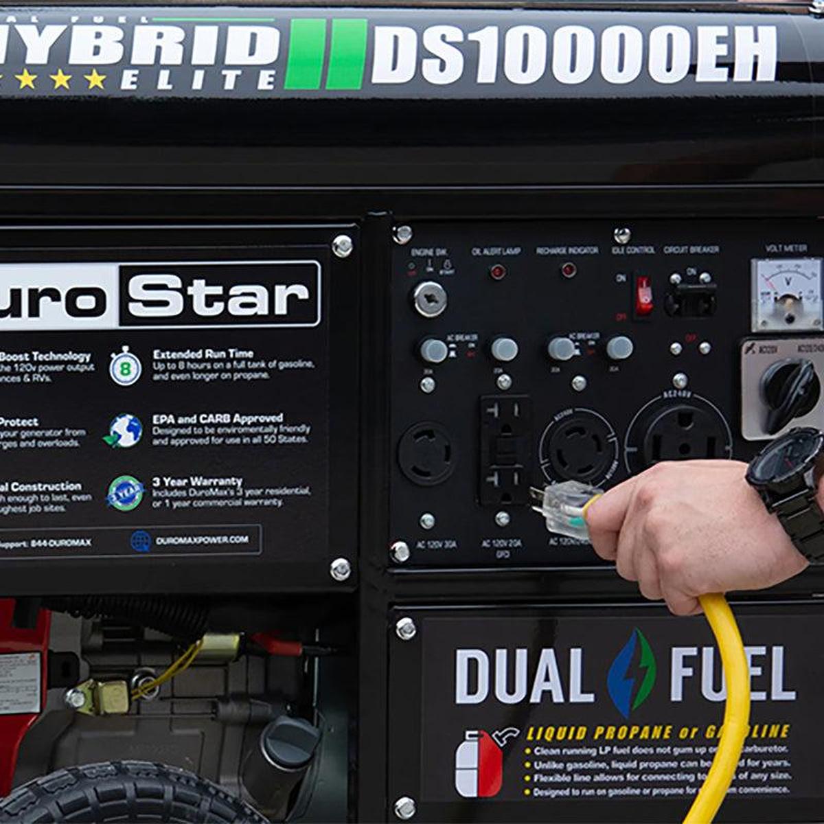 Focused image on the control panel of the DuroStar DS10000EH dual fuel portable generator, highlighting its multiple power outlets and switches.