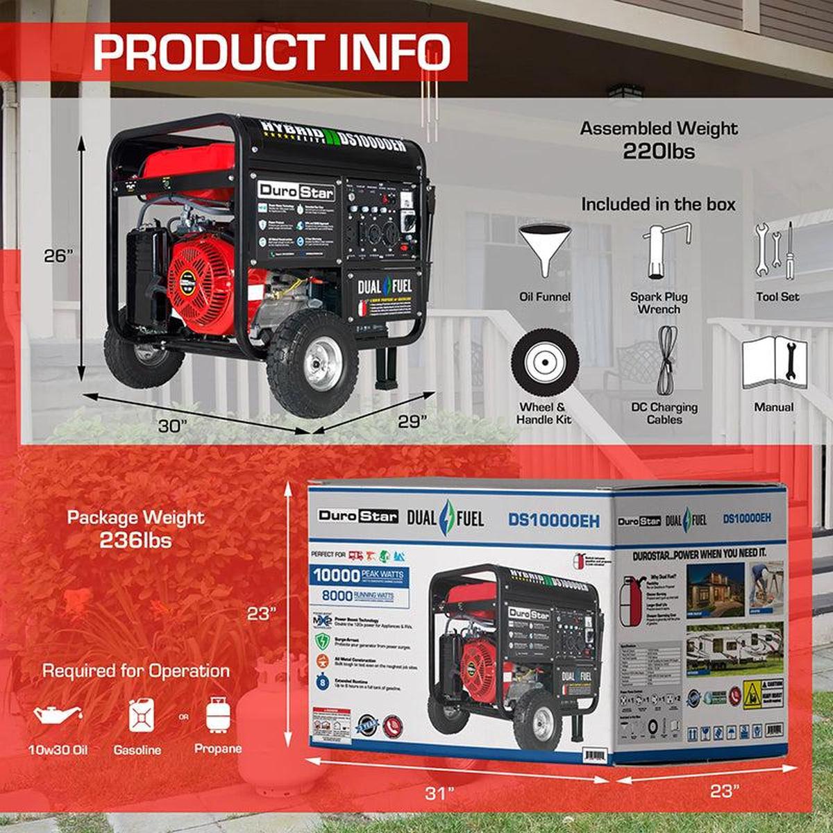 Product information for the DuroMax DS10000EH dual fuel generator, displaying dimensions, weight, and contents of the package.