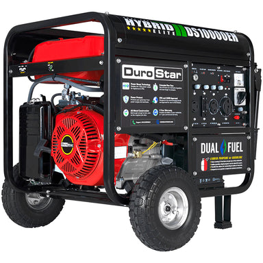 DuroStar Hybrid Elite DS10000EH quality generator showcasing dual fuel versatility and portable design with durable tires.