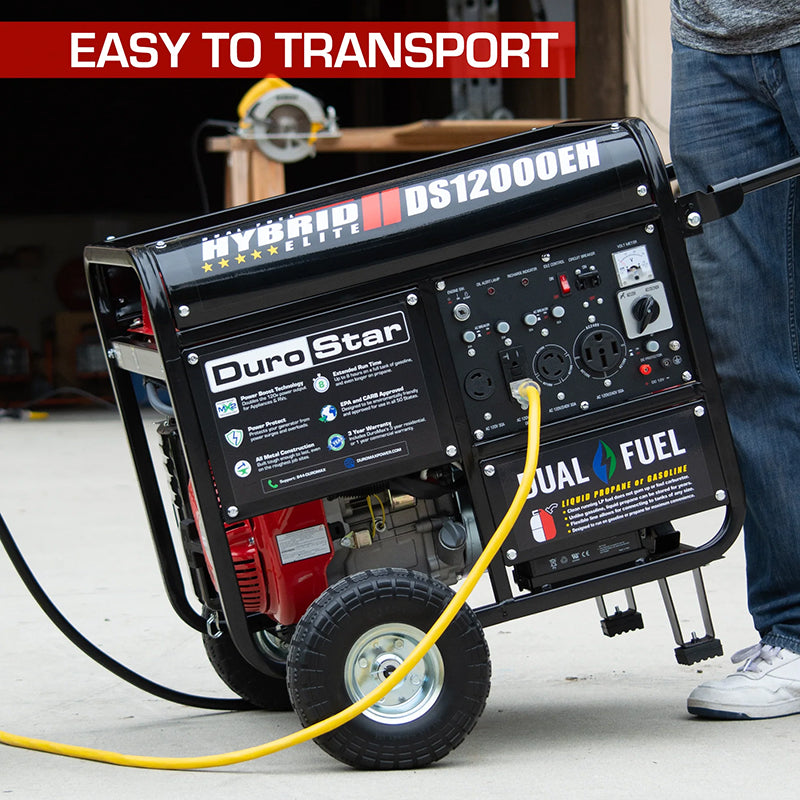 DuroMax DS12000EH Portable Generator in a garage setting, highlighting the easy transport design for quality generators.