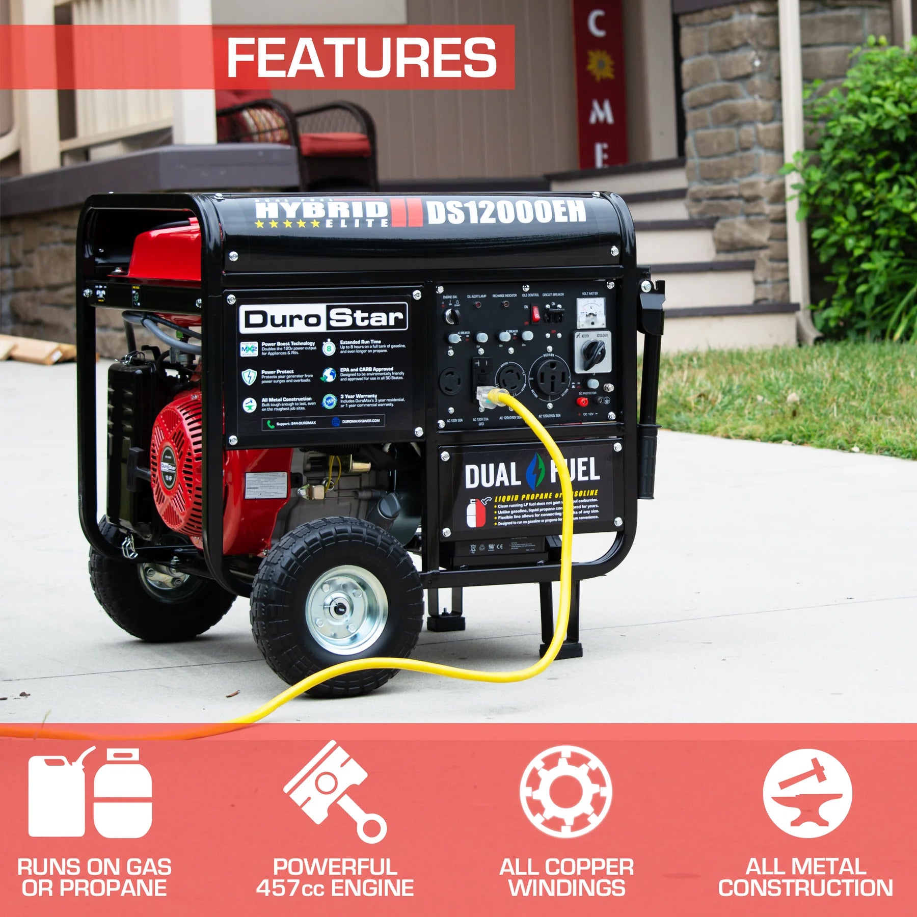 Close-up of DuroStar DS12000EH Dual Fuel Portable Generator highlighting features, a reliable choice among portable generators.